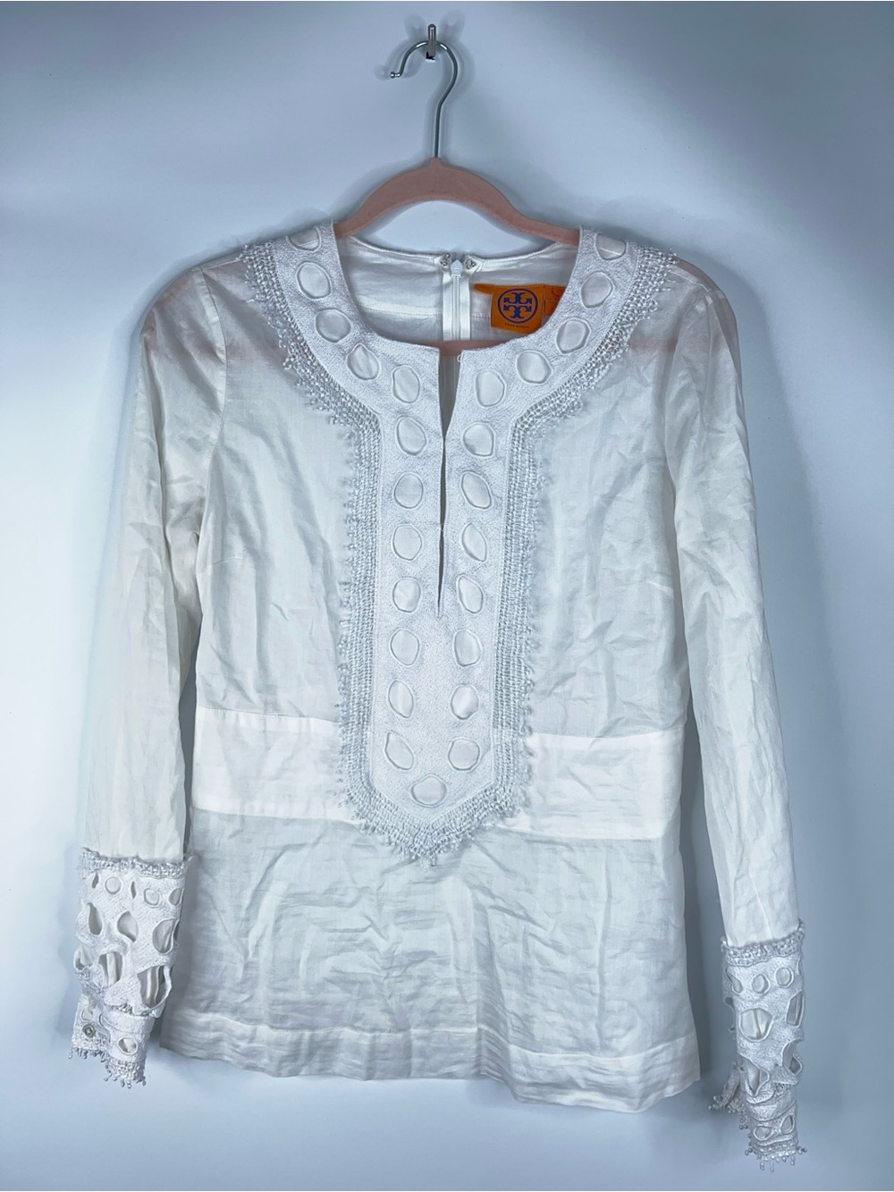 Tory Burch White Embroidered Cutout Long-Sleeve Tunic Boho Classic Cotton Size 6